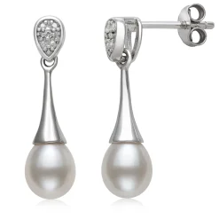 Freshwater Cultured Teardrop Pearl Earrings With Diamond Accent In Sterling Silver