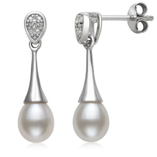 Freshwater Cultured Teardrop Pearl Earrings With Diamond Accent In Sterling Silver