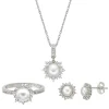 Freshwater Pearl & Lab Created White Sapphire Pendant, Earrings & Ring Boxed Set In Sterling Silver