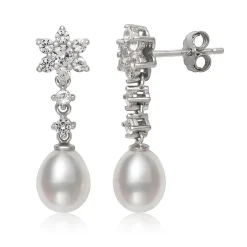 Freshwater Pearl & Lab Created White Sapphire Earrings In Sterling Silver