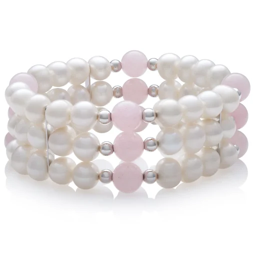 Freshwater Pearl And Pink Quartz Bracelet In Sterling Silver