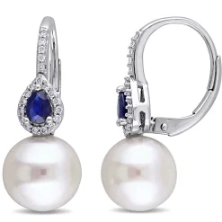 Freshwater Pearl Drop Earrings With Blue Sapphires & Diamonds In 14K White Gold (1/8 Ct. Tw.)