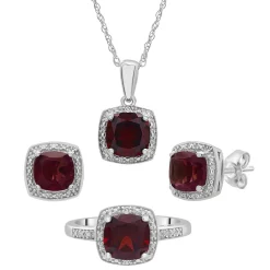 Garnet & Diamond Accent Cushion-Cut Halo Boxed Set In Sterling Silver