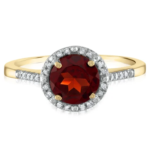 Garnet And Diamond Halo Ring In 10K Yellow Gold (1/7 Ct. Tw.)