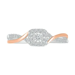 Halo Promise Ring With Diamond Twist Band In Sterling Silver & 10K Rose Gold (1/5 Ct. Tw.)