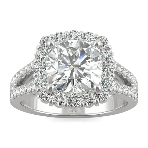 Hearts & Arrows Moissanite Ring With Halo In 14K White Gold (2 7/8 Ct. Tw.)
