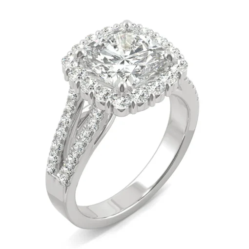 Hearts & Arrows Moissanite Ring With Halo In 14K White Gold (2 7/8 Ct. Tw.)