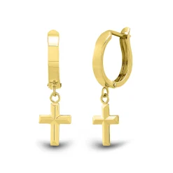 Huggie Hoop Earrings With Cross Dangle In 14K Yellow Gold