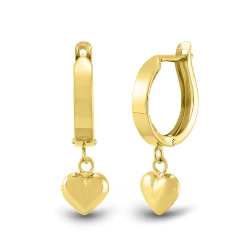 Huggie Hoop Earrings With Heart Dangle In 14K Yellow Gold
