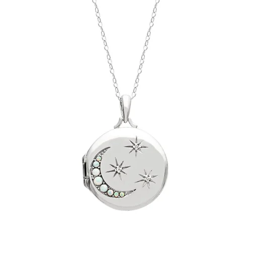 I Love You To The Moon And Back Lab Created White Sapphire & Opal Locket In Sterling Silver