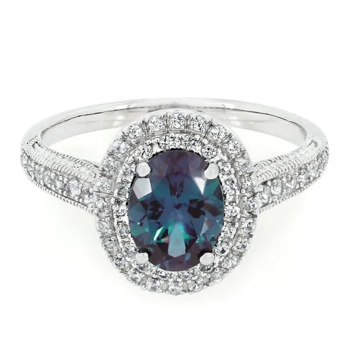 Lab Created Alexandrite & White Sapphire Halo Ring In Sterling Silver