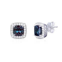 Lab Created Alexandrite & Lab Created White Sapphire Cushion Halo Earrings In Sterling Silver