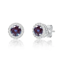 Lab Created Alexandrite & White Sapphire Stud Earrings In Sterling Silver