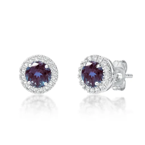 Lab Created Alexandrite & White Sapphire Stud Earrings In Sterling Silver