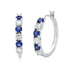 Lab Created Blue & White Sapphire Hoop Earrings In Sterling Silver