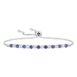 Lab Created Blue Sapphire & Diamond Bolo Bracelet In Sterling Silver