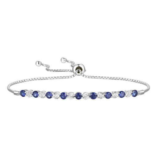 Lab Created Blue Sapphire & Diamond Bolo Bracelet In Sterling Silver