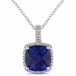 Lab Created Blue Sapphire & Diamond Pendant In Sterling Silver