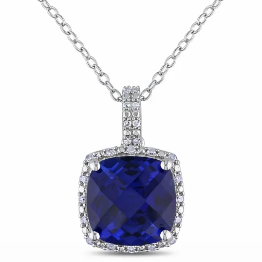 Lab Created Blue Sapphire & Diamond Pendant In Sterling Silver
