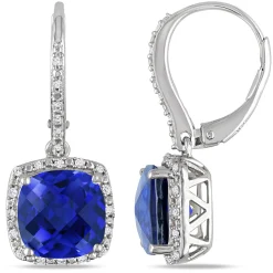Lab Created Blue Sapphire & Diamond Drop Earrings In Sterling Silver