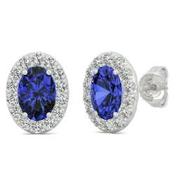 Lab Created Blue Sapphire & Moissanite Halo Earrings In 14K White Gold