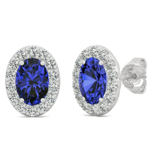 Lab Created Blue Sapphire & Moissanite Halo Earrings In 14K White Gold