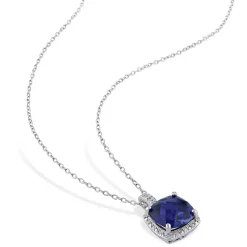 Lab Created Blue Sapphire & Diamond Pendant In Sterling Silver