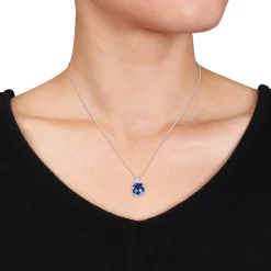 Lab Created Blue Sapphire & Diamond Pendant In Sterling Silver