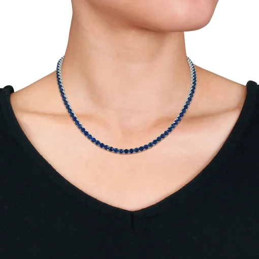 Lab Created Blue Sapphire Tennis Necklace In Sterling Silver