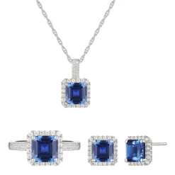 Lab Created Ceylon Sapphire Earrings, Pendant And Ring Set In Sterling Silver