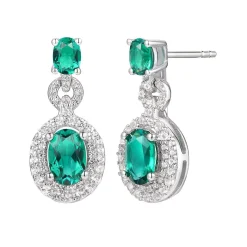 Lab Created Emerald & White Sapphire Drop Earrings In Sterling Silver