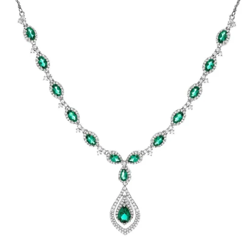 Lab Created Emerald & White Sapphire Necklace In Sterling Silver