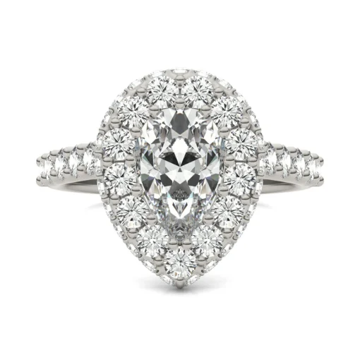 Lab Created Moissanite Pear-Shaped Halo Ring In 14K White And Rose Gold