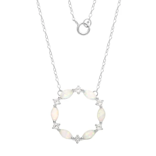 Lab Created Opal & White Sapphire Circle Necklace In Sterling Silver