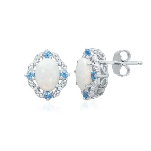 Lab Created Opal, Blue Topaz & Diamond Earrings In Sterling Silver