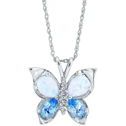 Lab Created Opal, Blue Topaz & Diamond Butterfly Pendant In 10K White Gold