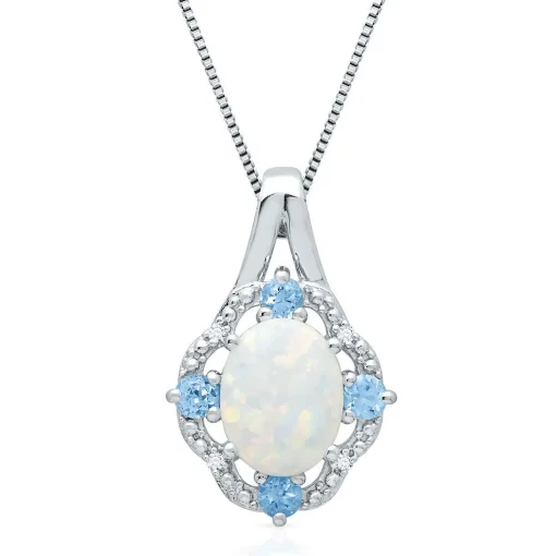 Lab Created Opal, Blue Topaz & Diamond Pendant In Sterling Silver