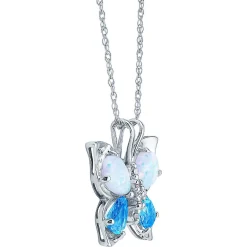 Lab Created Opal, Blue Topaz & Diamond Butterfly Pendant In 10K White Gold