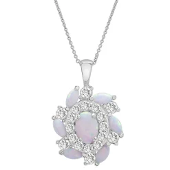 Lab Created Opal Pendant With Double Halo In Sterling Silver