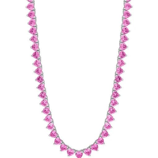 Lab Created Pink Sapphire Heart-Shaped Tennis Necklace