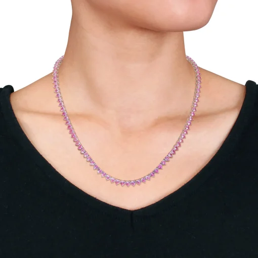 Lab Created Pink Sapphire Heart-Shaped Tennis Necklace