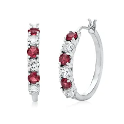 Lab Created Ruby & White Sapphire Hoop Earrings In Sterling Silver
