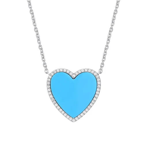 Lab Created Turquoise And Diamond Heart Necklace In Sterling Silver (1/4 Ct. Tw.)