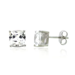 Lab Created White Sapphire Cushion Stud Earrings In Sterling Silver