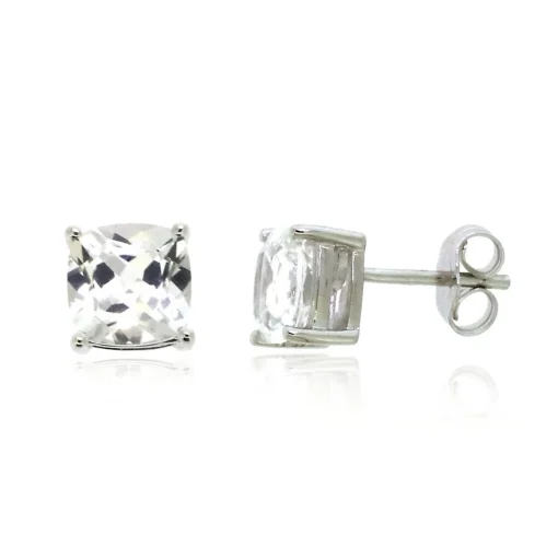 Lab Created White Sapphire Cushion Stud Earrings In Sterling Silver