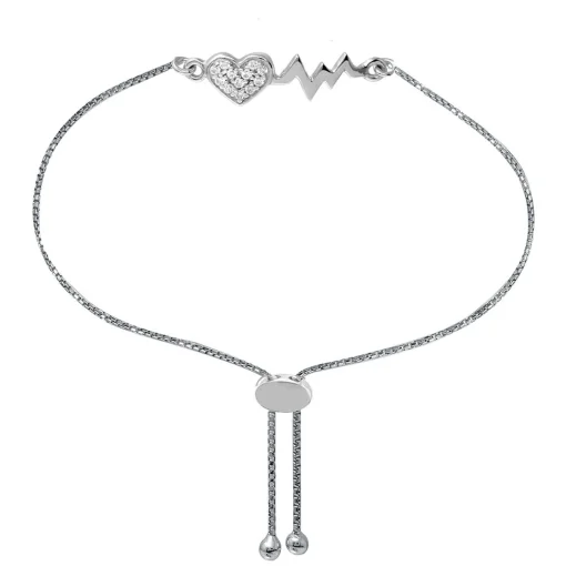 Lab Created White Sapphire Heartbeat Bolo Bracelet In Sterling Silver