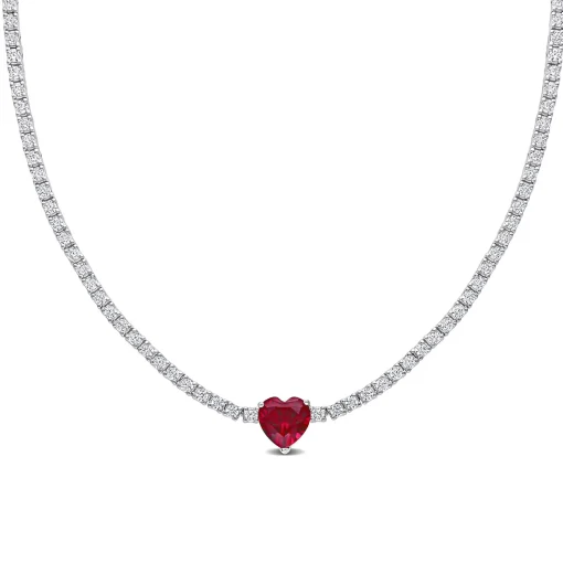 Lab Created White Sapphire And Lab Created Ruby Heart Necklace In Sterling Silver