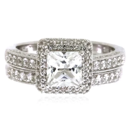 Lab Created White Sapphire Halo Ring Set In Sterling Silver