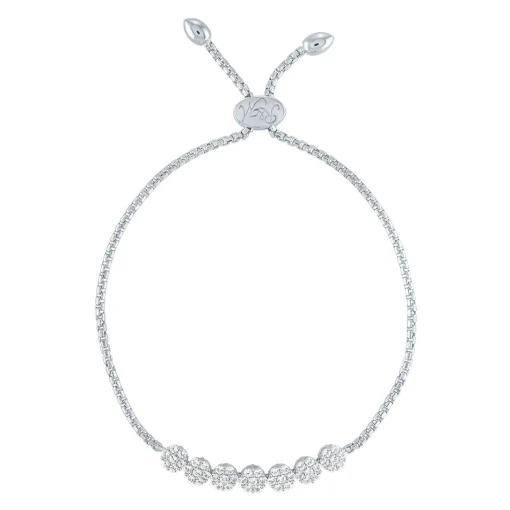 Lab Created White Sapphire Flower Cluster Bolo Bracelet In Sterling Silver
