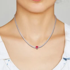 Lab Created White Sapphire And Lab Created Ruby Heart Necklace In Sterling Silver